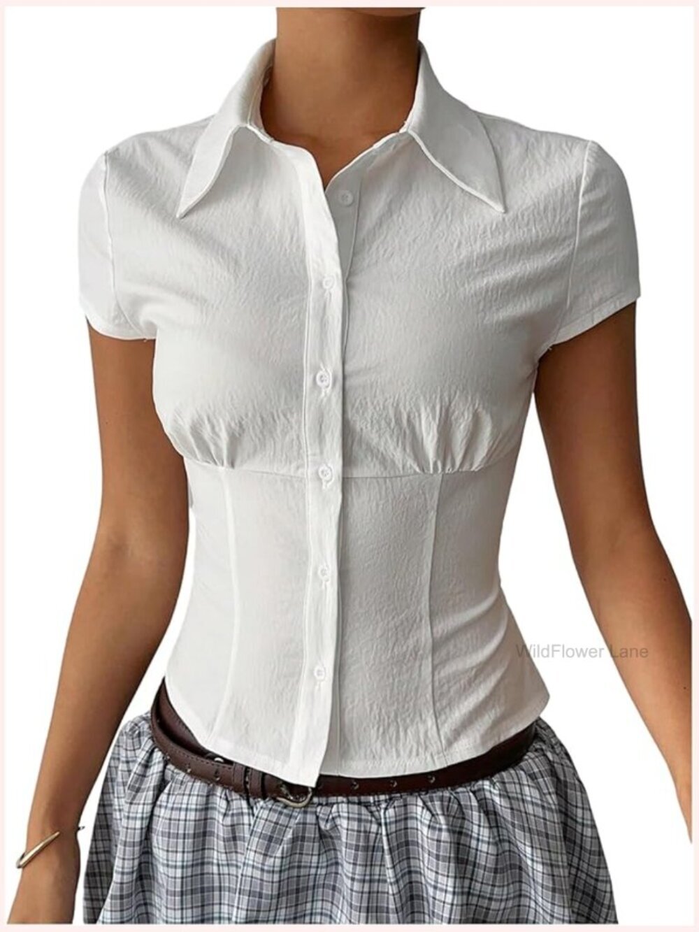 Cap Sleeve Button Down Work Blouse Top Slim Fit